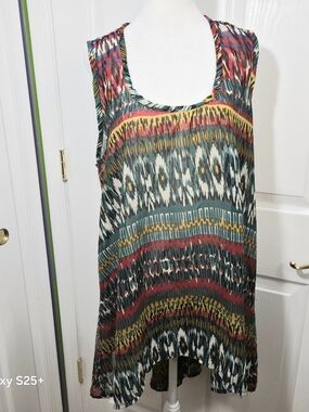 Ashley Stewart Multicolor Ikat Sleeveless Tunic - Teal, Burgundy & Mustard
